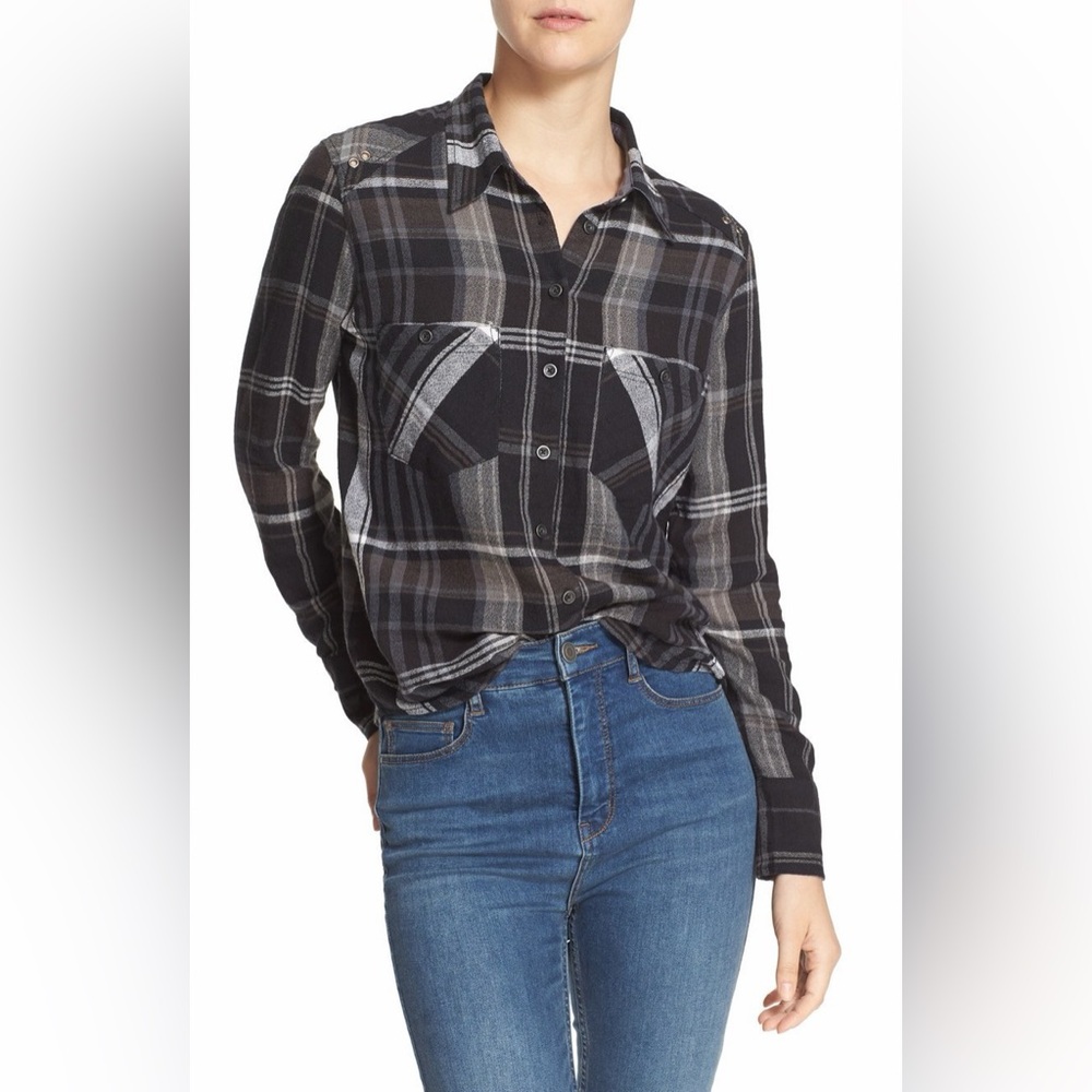 Free‎ People Wesley Plaid Fannel Button Down Boyfriend Shirt Navy Blue